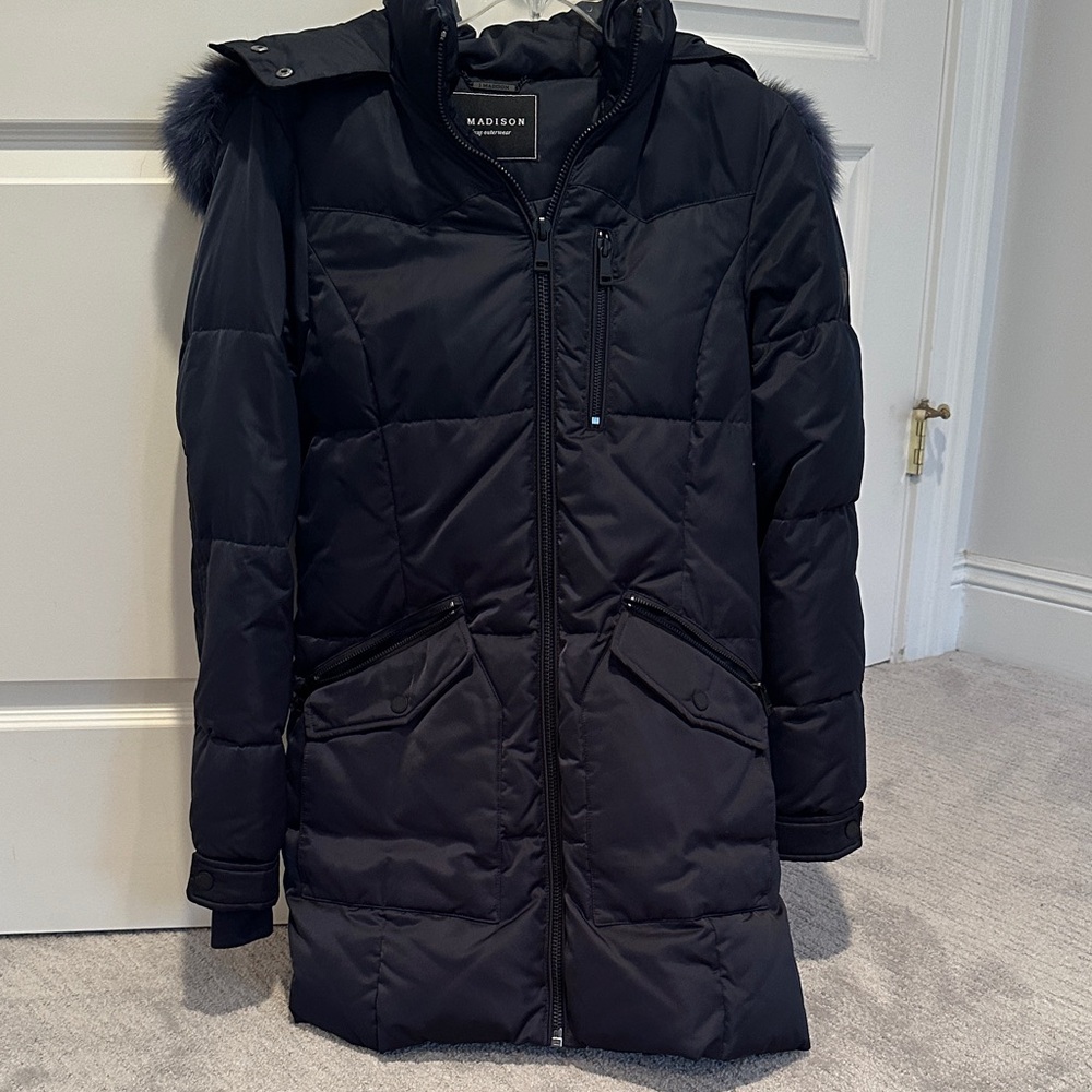 1 Madison Women's Black Puffer Coat with Fur Hood